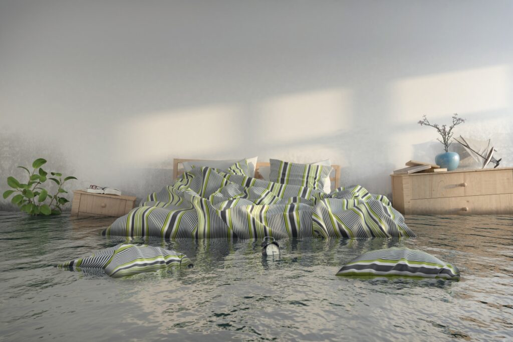 Water damage after flooding in the house with floating furniture